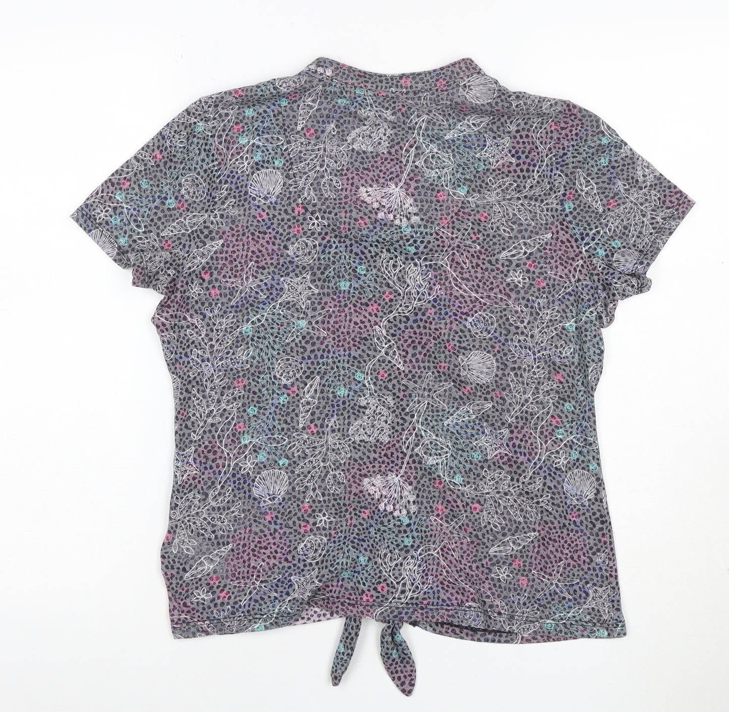 Per Una Women Grey Floral Shell Print Tie Front Button Top UK 12
