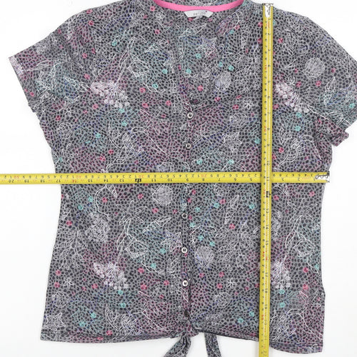 Per Una Women Grey Floral Shell Print Tie Front Button Top UK 12