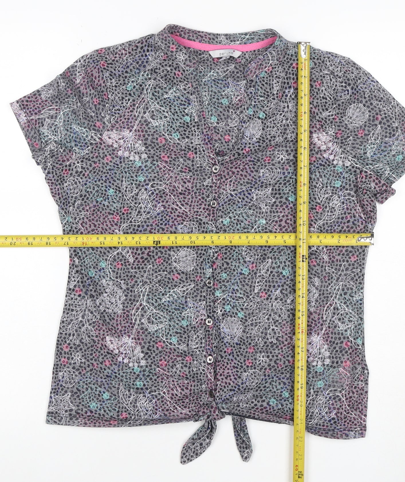 Per Una Women Grey Floral Shell Print Tie Front Button Top UK 12