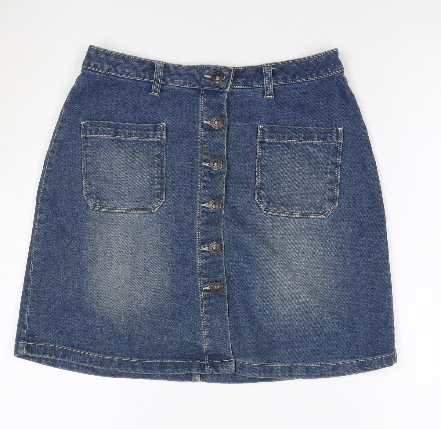 Avenue Women Blue Denim A-Line Mini Skirt Size 8 Button Pockets
