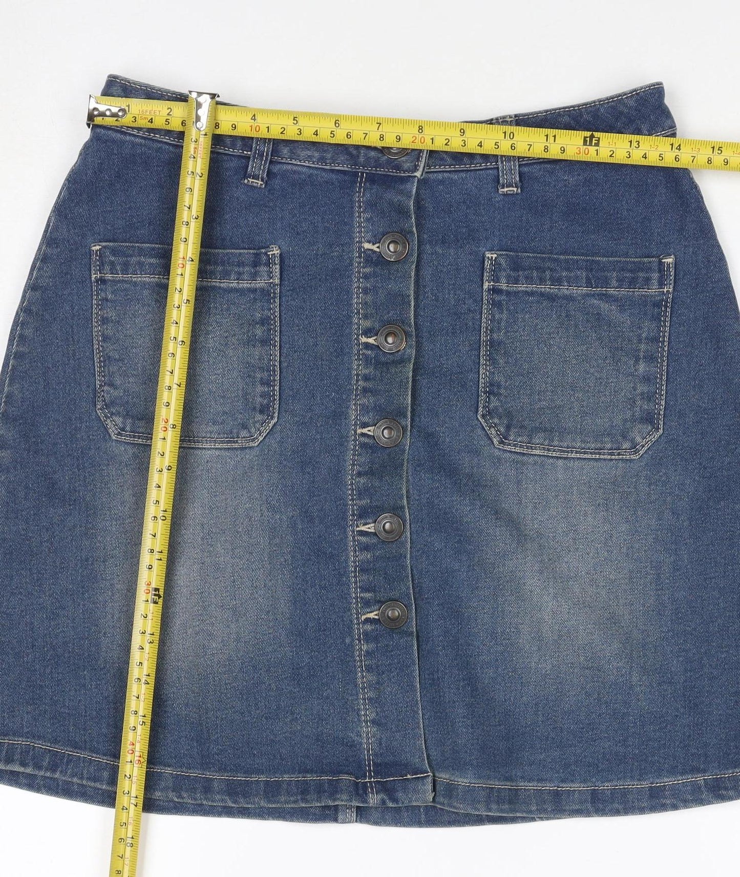 Avenue Women Blue Denim A-Line Mini Skirt Size 8 Button Pockets