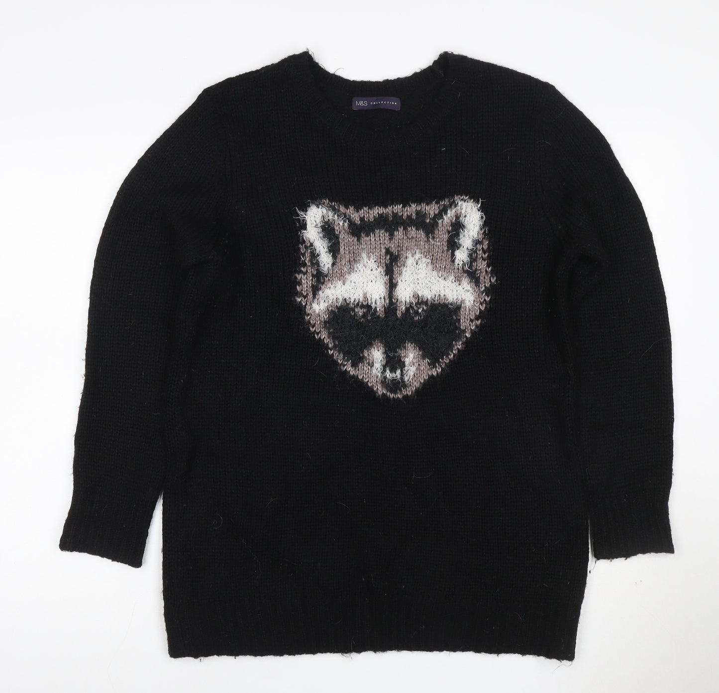 Marks and Spencer Women Black UK 14 Dog Motif Wool Blend Jumper