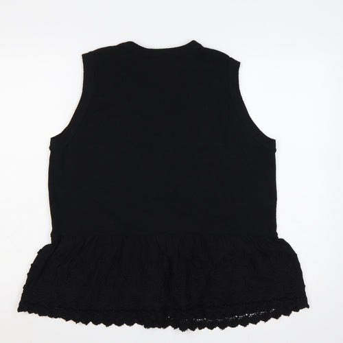 Marks and Spencer Women Black Large Sleeveless V-Neck Lace Tunic Top