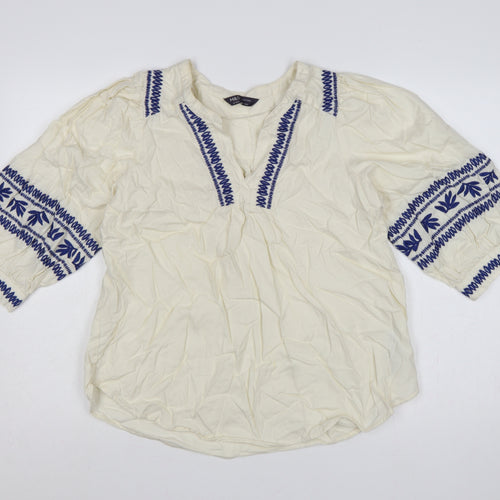 Marks & Spencer Women Ivory UK 14 Boho Embroidered Cotton Tunic Blouse