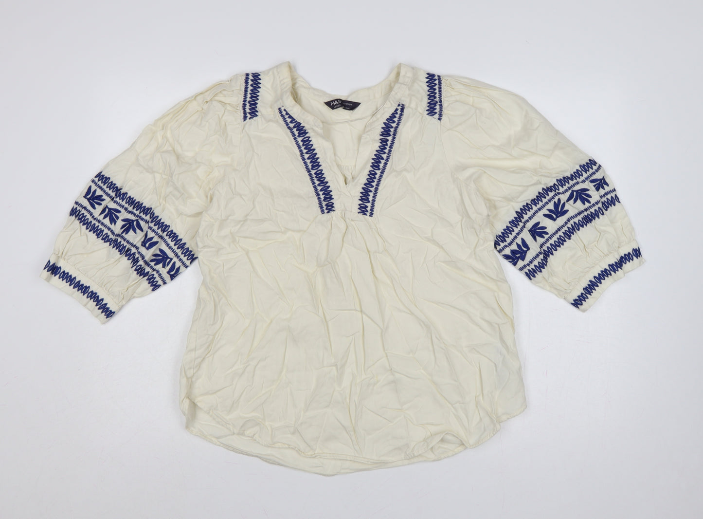 Marks & Spencer Women Ivory UK 14 Boho Embroidered Cotton Tunic Blouse