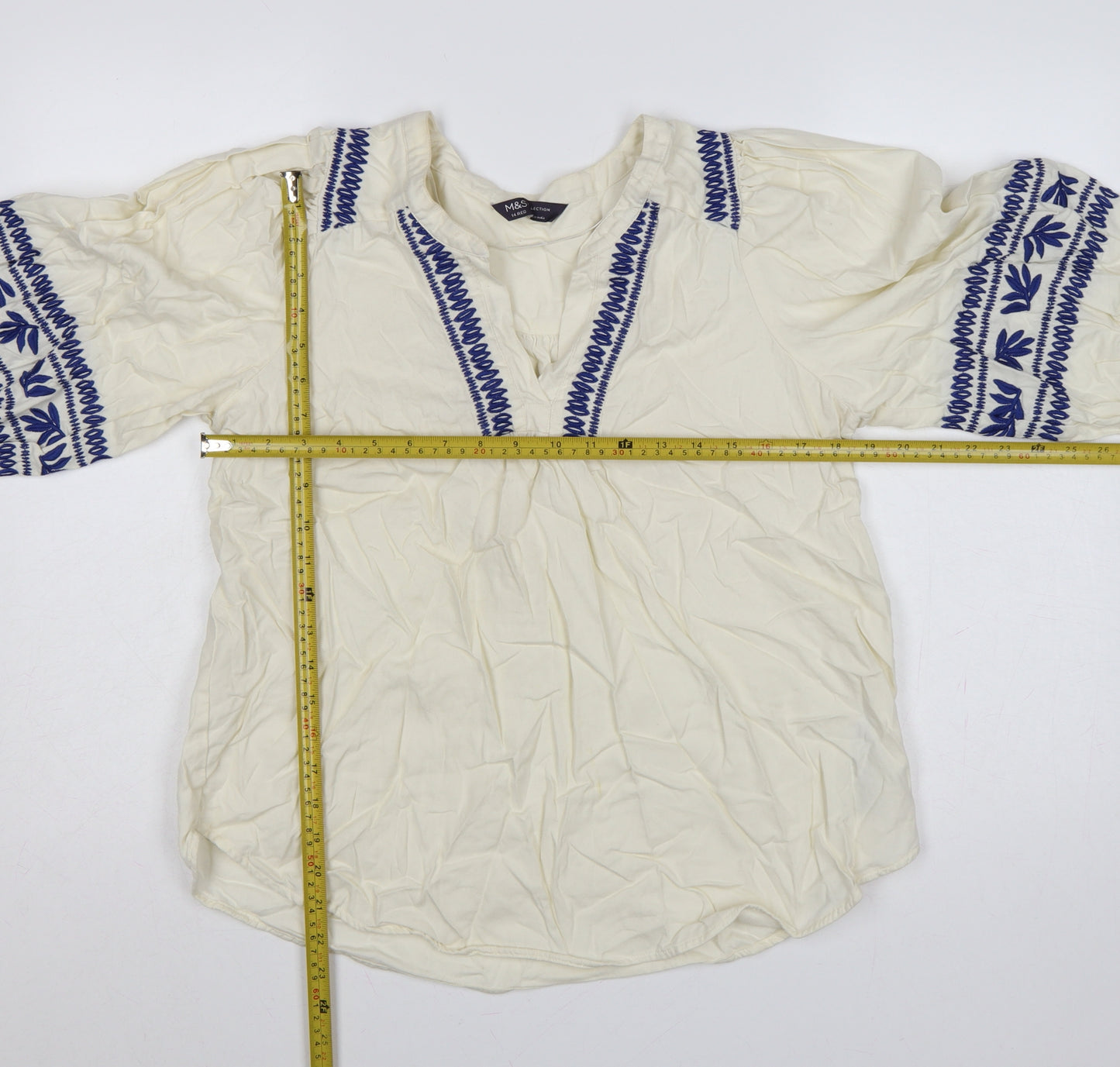 Marks & Spencer Women Ivory UK 14 Boho Embroidered Cotton Tunic Blouse