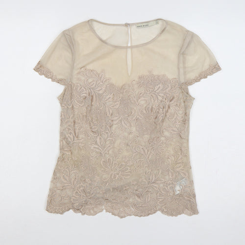 Karen Millen Women Beige UK 12 Floral Lace Mesh Short Sleeve Blouse