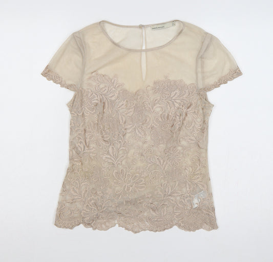 Karen Millen Women Beige UK 12 Floral Lace Mesh Short Sleeve Blouse