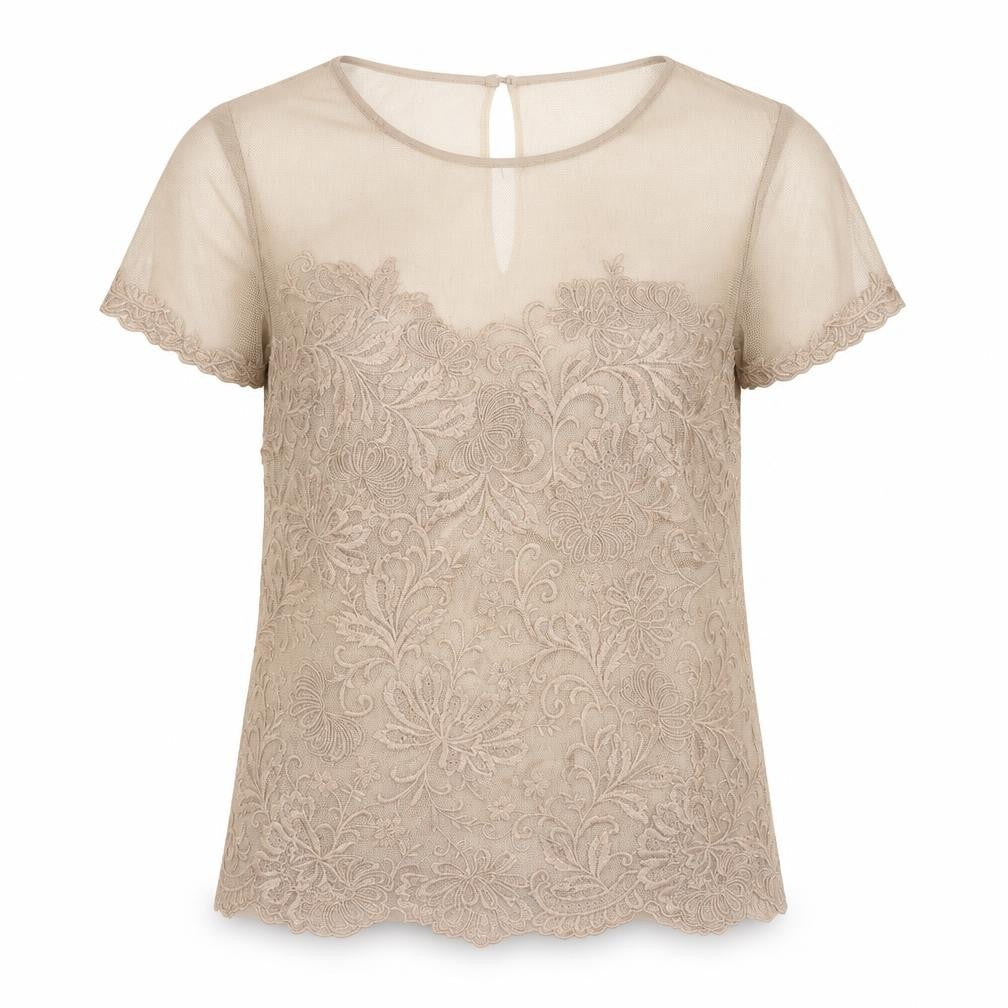Karen Millen Women Beige UK 12 Floral Lace Mesh Short Sleeve Blouse