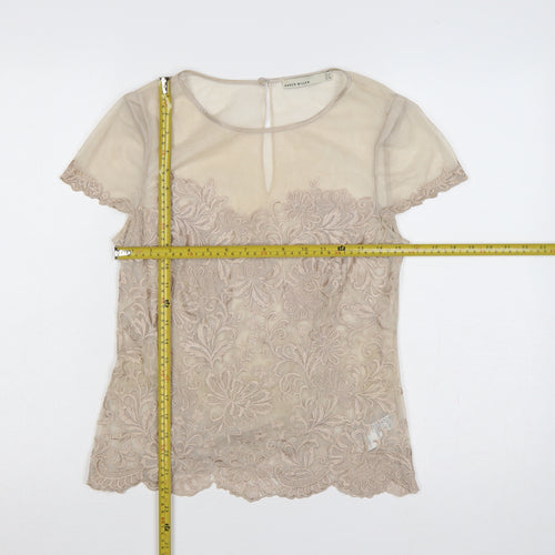 Karen Millen Women Beige UK 12 Floral Lace Mesh Short Sleeve Blouse