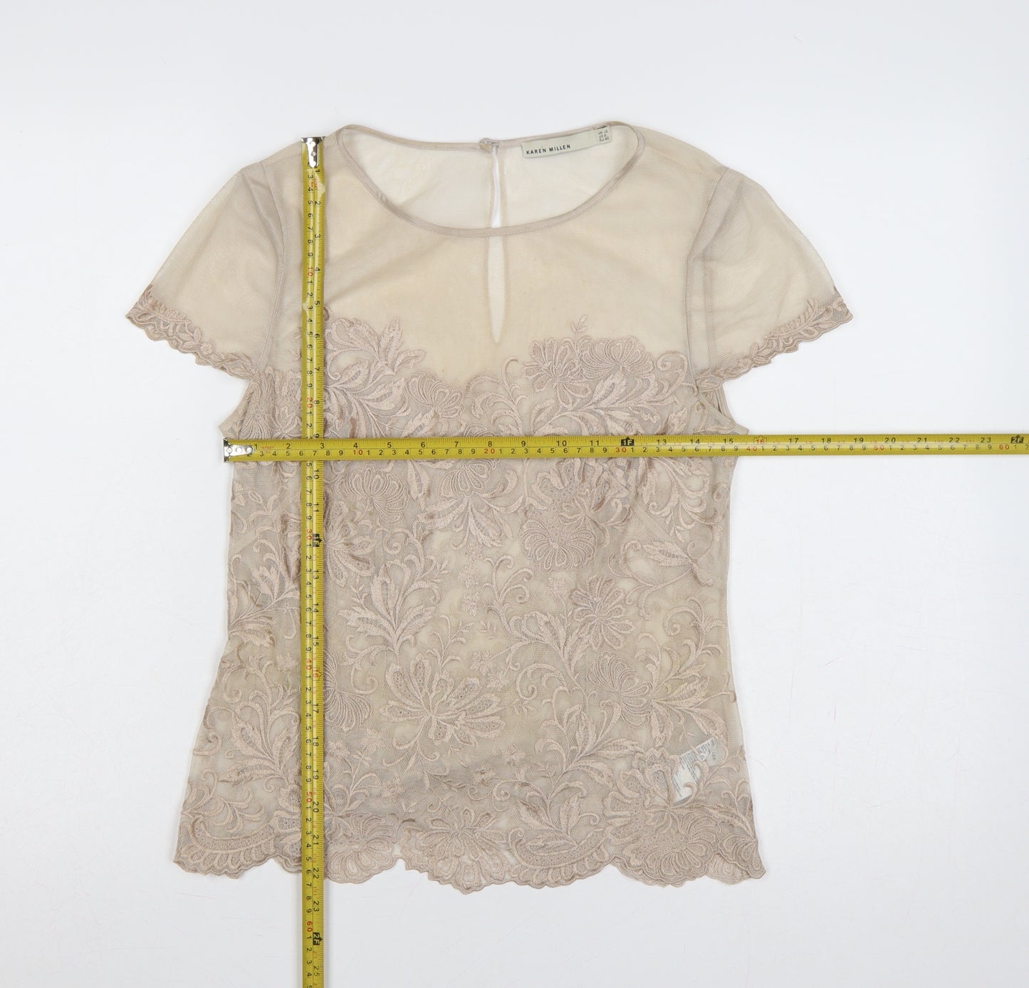 Karen Millen Women Beige UK 12 Floral Lace Mesh Short Sleeve Blouse