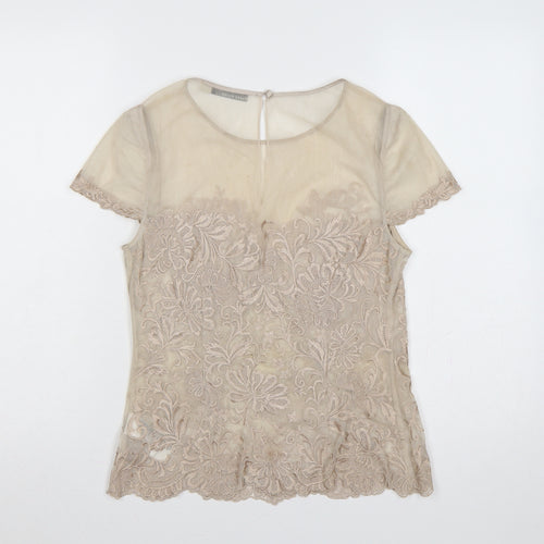 Karen Millen Women Beige UK 12 Floral Lace Mesh Short Sleeve Blouse
