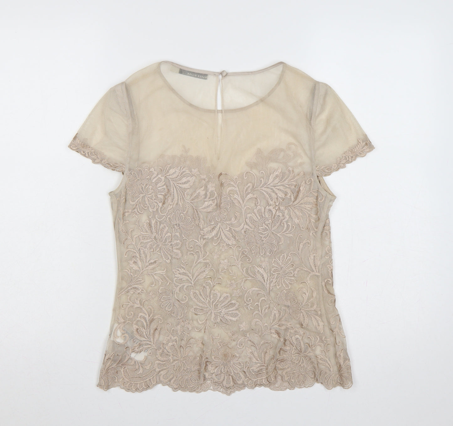 Karen Millen Women Beige UK 12 Floral Lace Mesh Short Sleeve Blouse