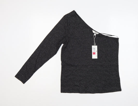 M&S Women Black Glitter One Shoulder Long Sleeve Knit Top UK 18