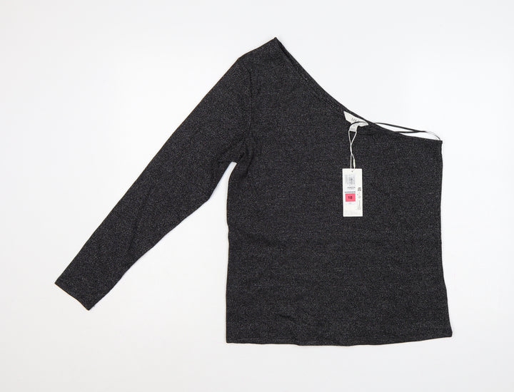 M&S Women Black Glitter One Shoulder Long Sleeve Knit Top UK 18