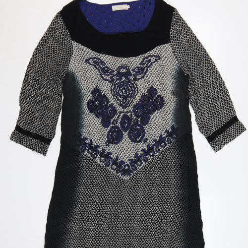 Cream Women Black Blue Embroidered Shift Dress UK 12 3/4 Sleeve
