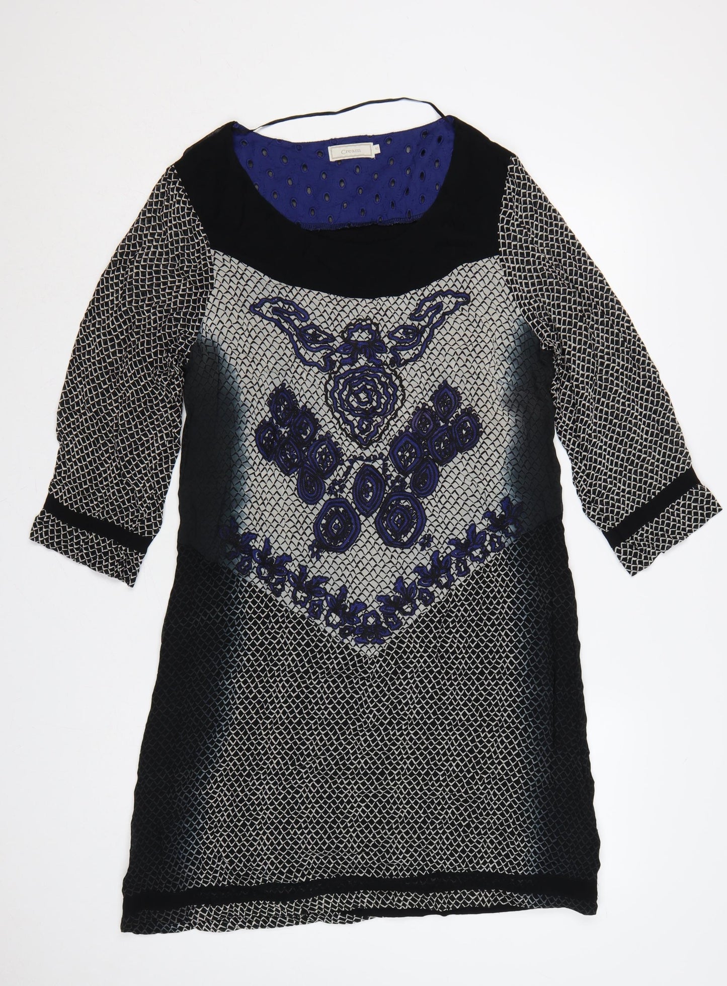 Cream Women Black Blue Embroidered Shift Dress UK 12 3/4 Sleeve