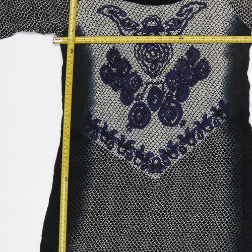 Cream Women Black Blue Embroidered Shift Dress UK 12 3/4 Sleeve