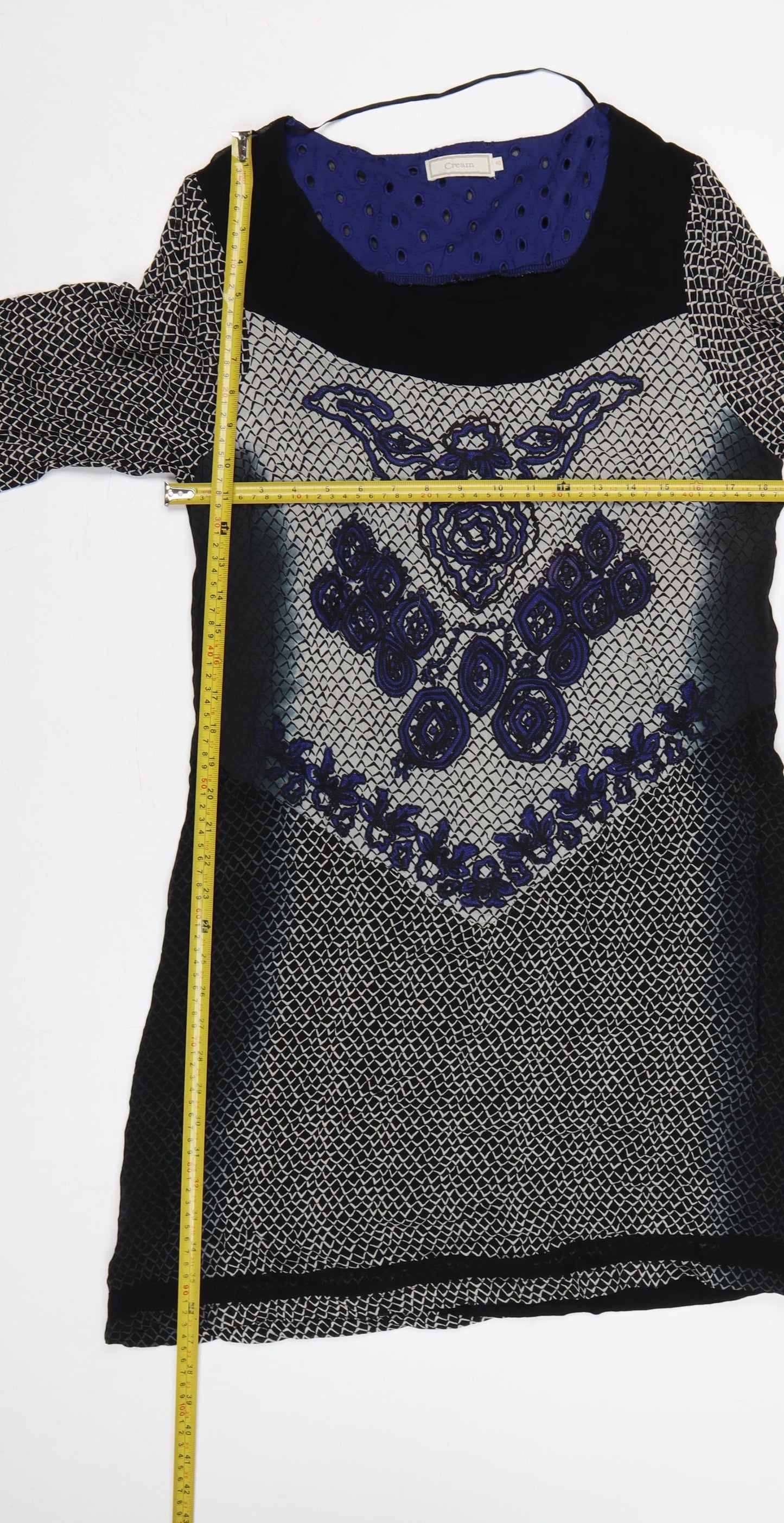 Cream Women Black Blue Embroidered Shift Dress UK 12 3/4 Sleeve