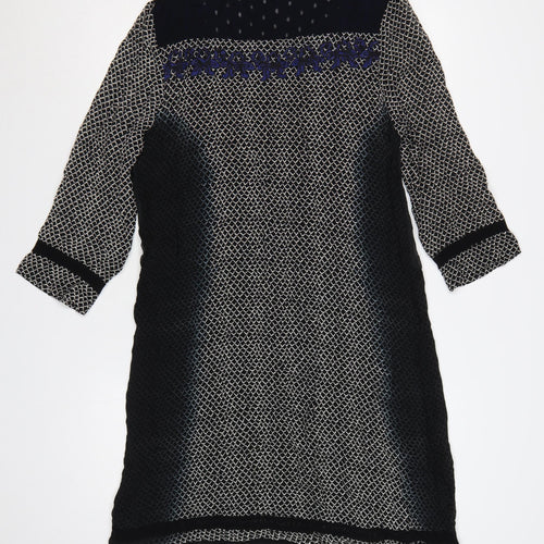 Cream Women Black Blue Embroidered Shift Dress UK 12 3/4 Sleeve