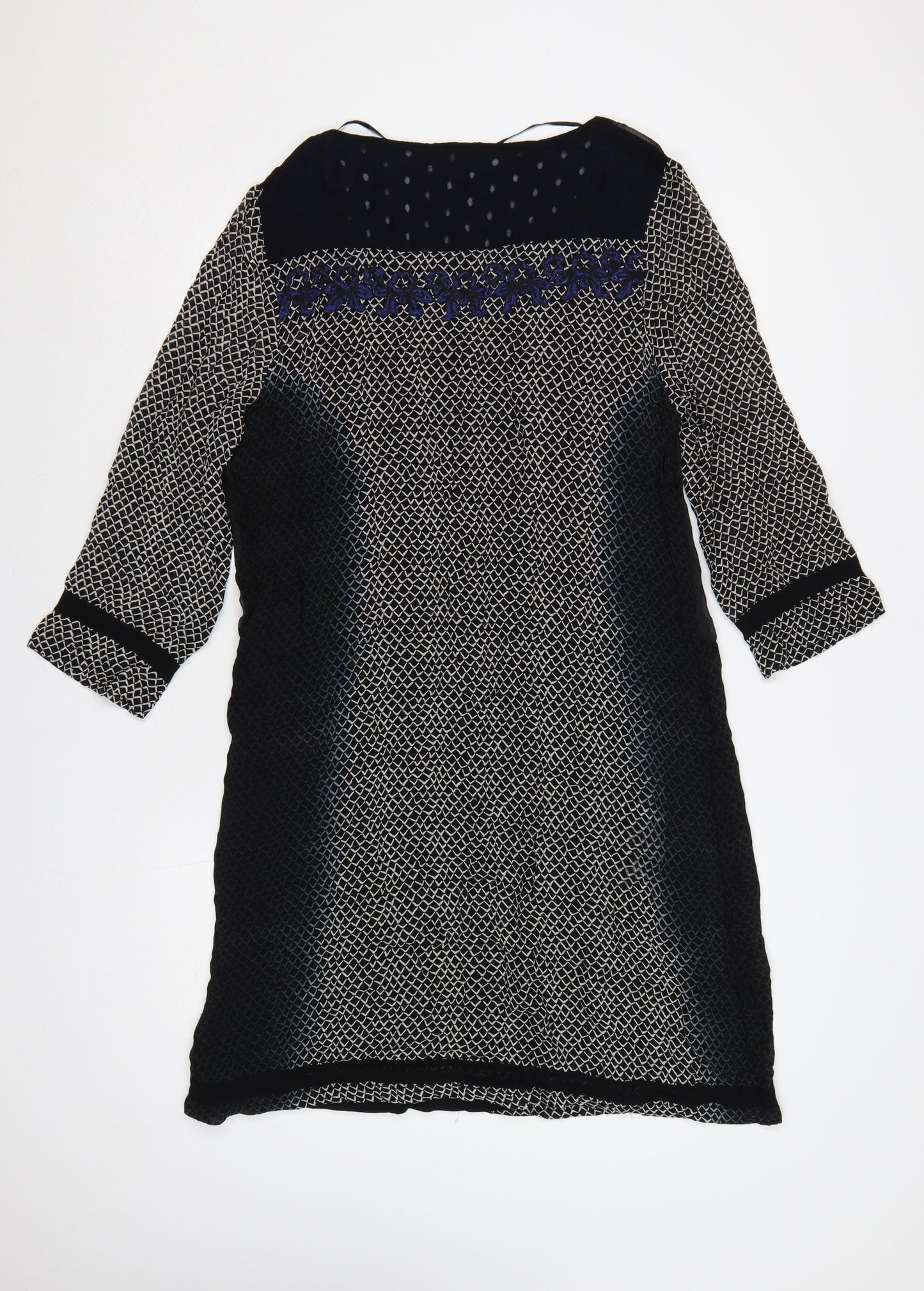 Cream Women Black Blue Embroidered Shift Dress UK 12 3/4 Sleeve