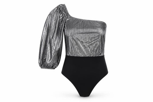 Club L London Women Silver UK 10 One Shoulder Metallic Bodysuit