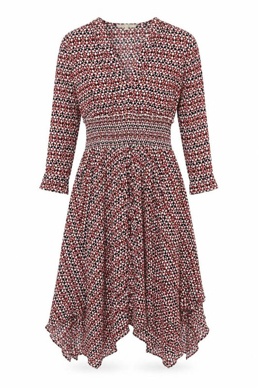 Front view of Maje Women’s Red Geometric Print UK 10 A-Line Long Smocked Dress