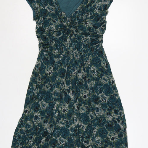 Jigsaw Women Green Floral M Fit & Flare Knee Length V-Neck Jersey Dress