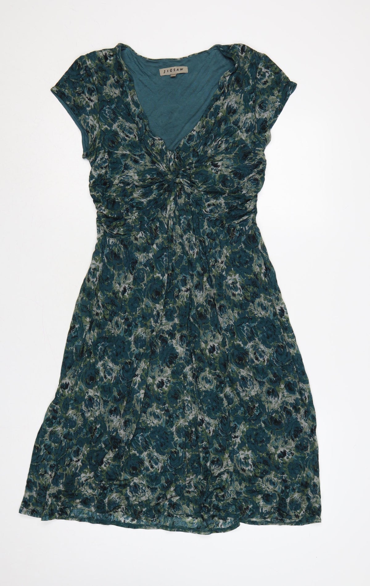 Jigsaw Women Green Floral M Fit & Flare Knee Length V-Neck Jersey Dress