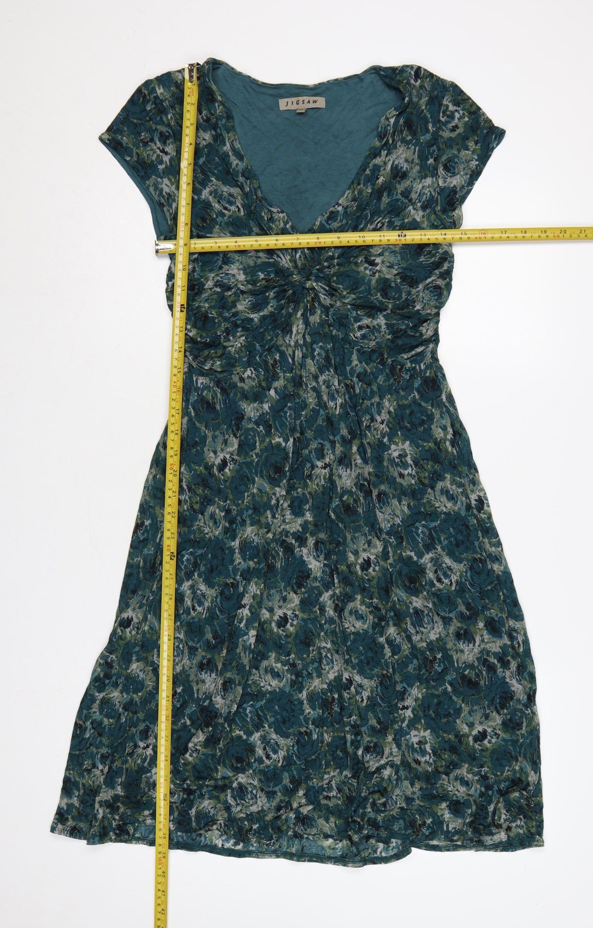 Jigsaw Women Green Floral M Fit & Flare Knee Length V-Neck Jersey Dress