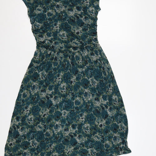 Jigsaw Women Green Floral M Fit & Flare Knee Length V-Neck Jersey Dress