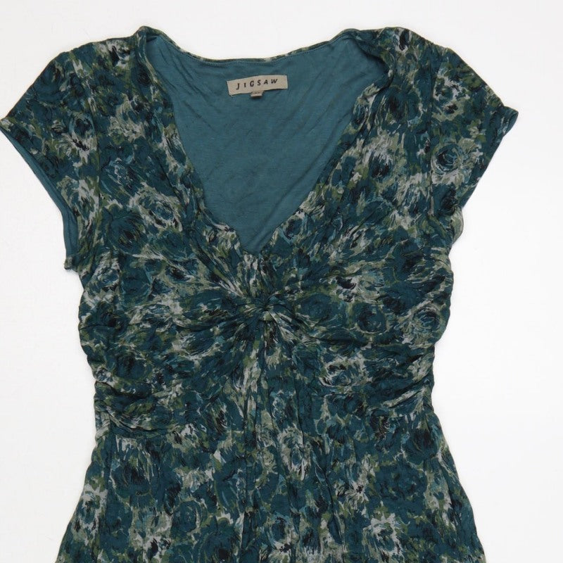 Jigsaw Women Green Floral M Fit & Flare Knee Length V-Neck Jersey Dress