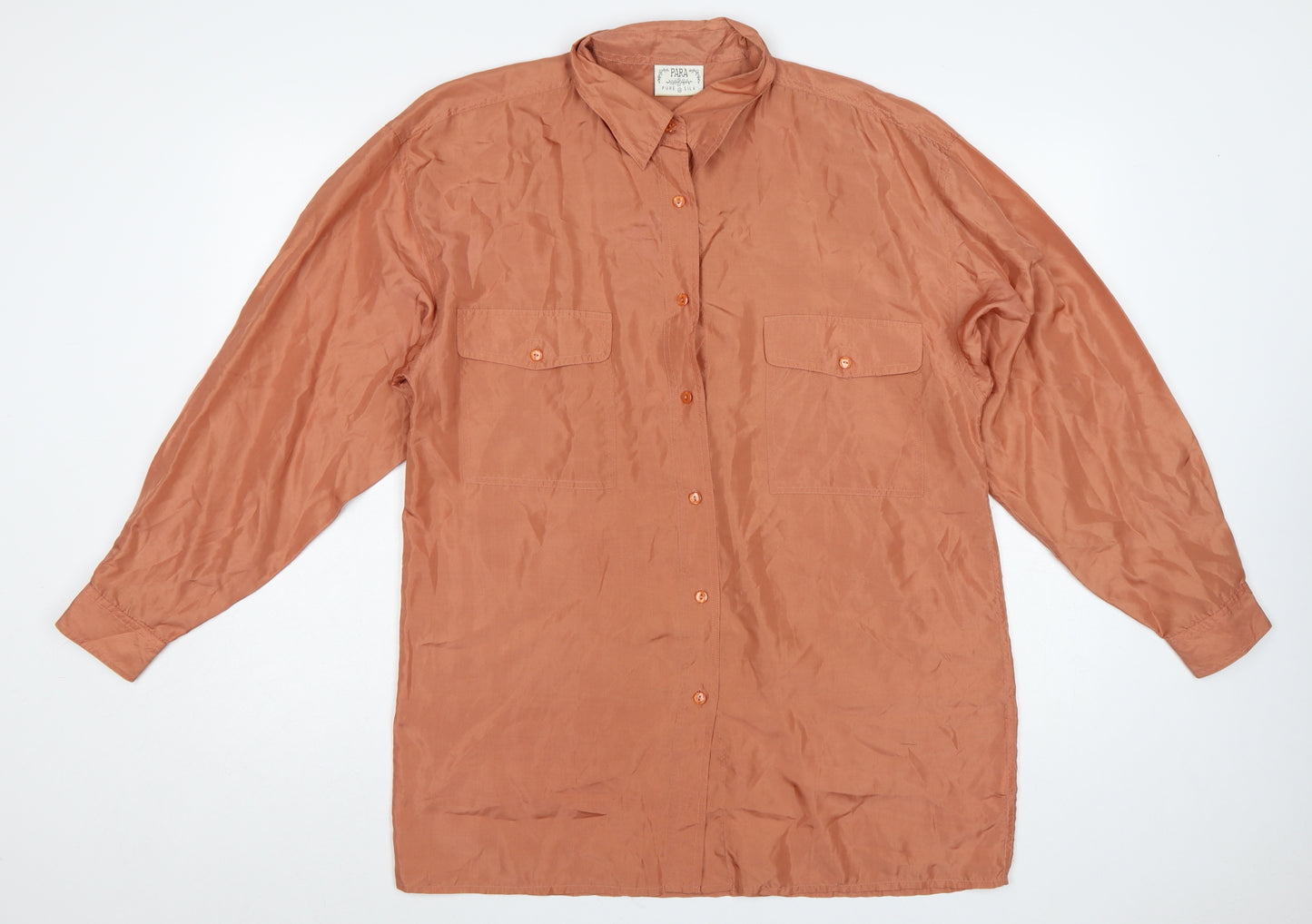 Para Women’s Brown UK 14 Pure Silk Button-Up Collared Long Sleeve Blouse