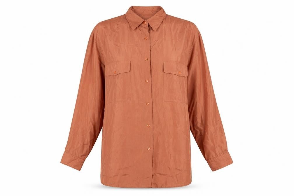 Para Women’s Brown UK 14 Pure Silk Button-Up Collared Long Sleeve Blouse