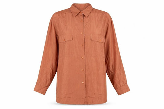 Front view of Para Women’s Brown UK 14 Pure Silk Button-Up Collared Long Sleeve Blouse