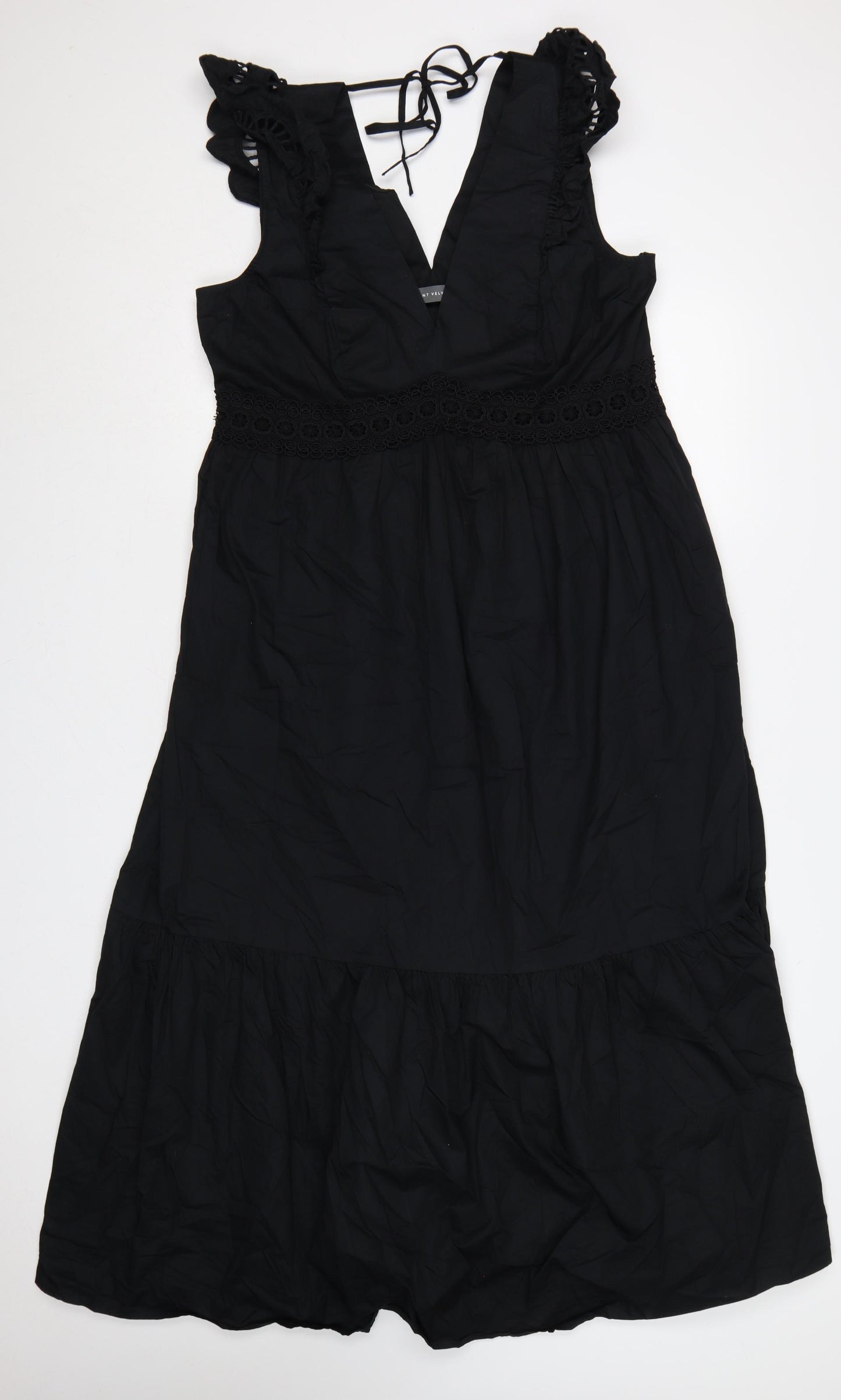 Mint Velvet Women Black UK 14 Maxi Cotton Ruffle Tie Back Dress
