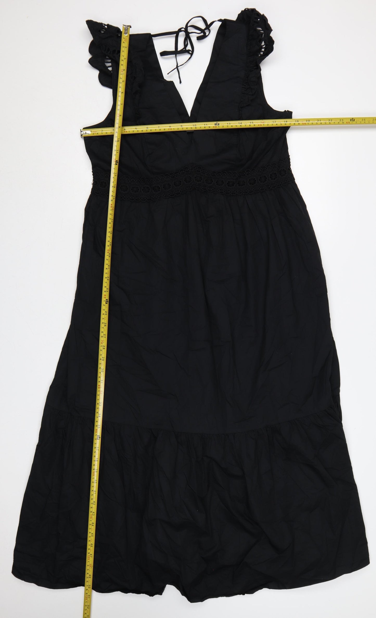 Mint Velvet Women Black UK 14 Maxi Cotton Ruffle Tie Back Dress