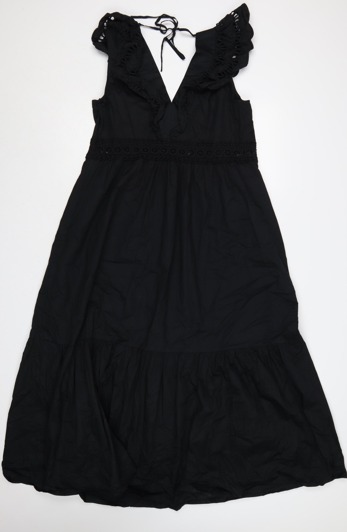 Mint Velvet Women Black UK 14 Maxi Cotton Ruffle Tie Back Dress