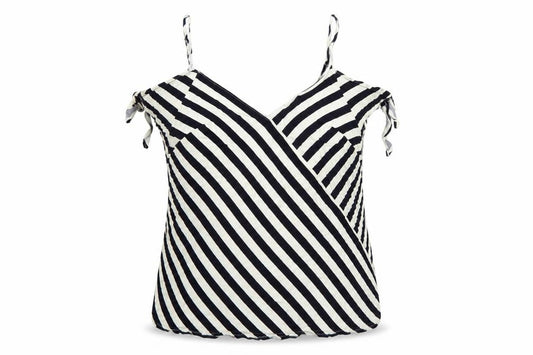 Front view of Oasis Women Black Ivory Striped Camisole Tank Top UK 18 V-Neck