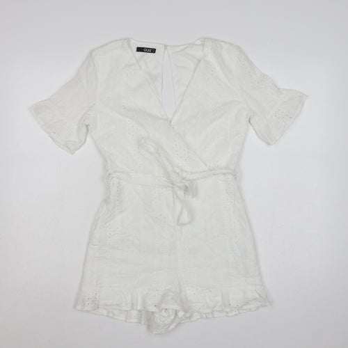 Quiz Women White Cotton Broderie Anglaise Belted Playsuit UK 8