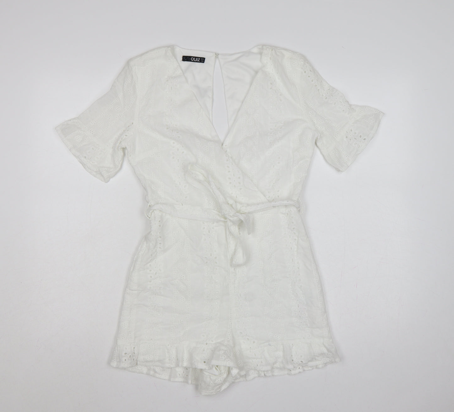 Quiz Women White Cotton Broderie Anglaise Belted Playsuit UK 8
