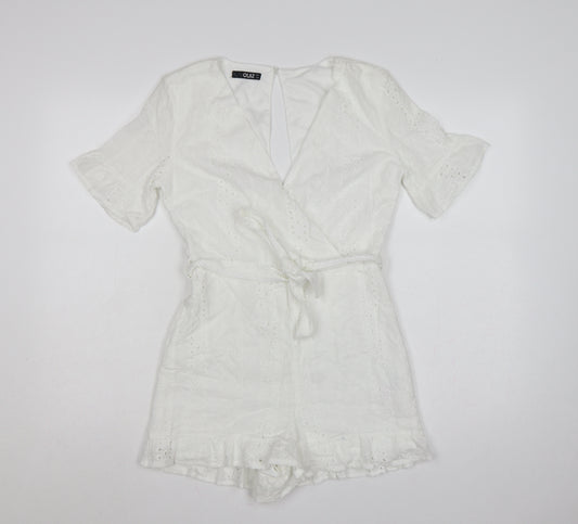 Quiz Women White Cotton Broderie Anglaise Belted Playsuit UK 8