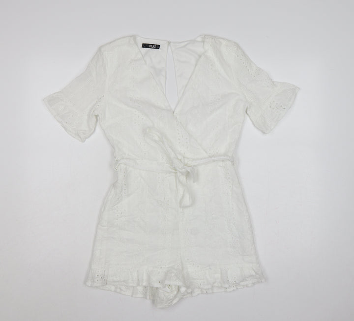 Quiz Women White Cotton Broderie Anglaise Belted Playsuit UK 8