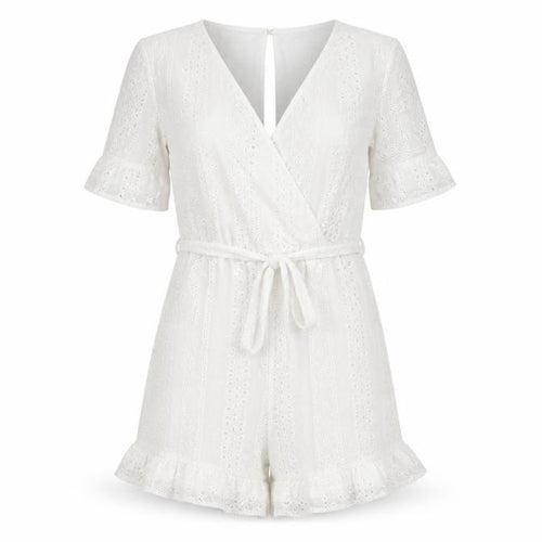 Quiz Women White Cotton Broderie Anglaise Belted Playsuit UK 8
