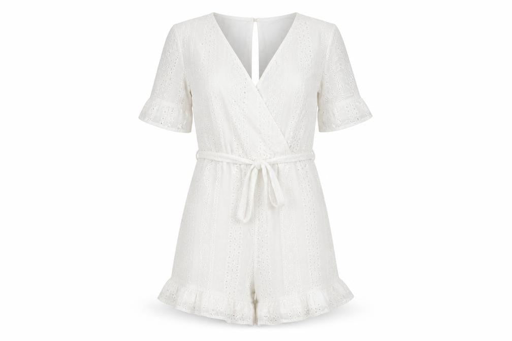 Quiz Women White Cotton Broderie Anglaise Belted Playsuit UK 8