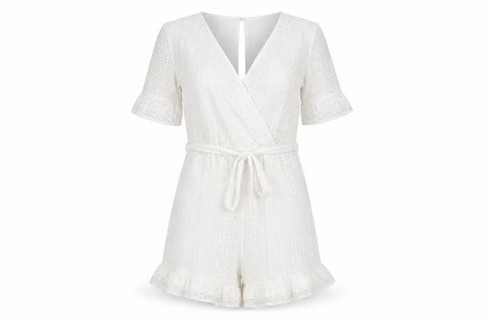 Quiz Women White Cotton Broderie Anglaise Belted Playsuit UK 8