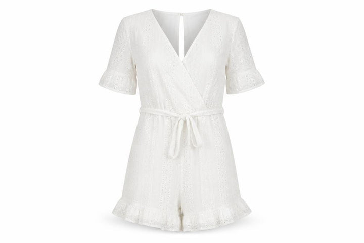 Quiz Women White Cotton Broderie Anglaise Belted Playsuit UK 8
