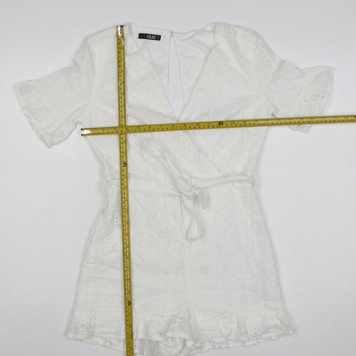 Quiz Women White Cotton Broderie Anglaise Belted Playsuit UK 8