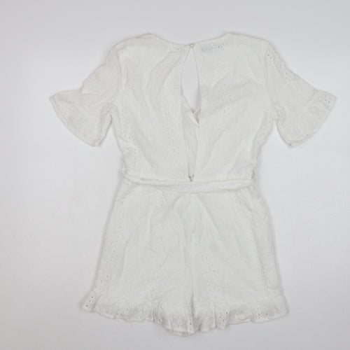 Quiz Women White Cotton Broderie Anglaise Belted Playsuit UK 8
