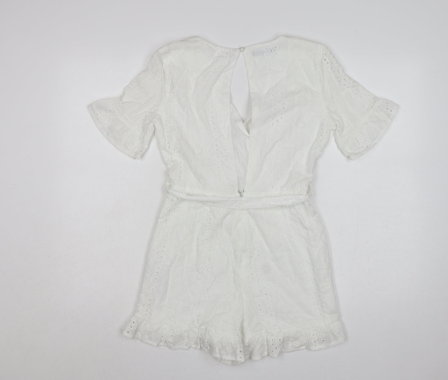 Quiz Women White Cotton Broderie Anglaise Belted Playsuit UK 8